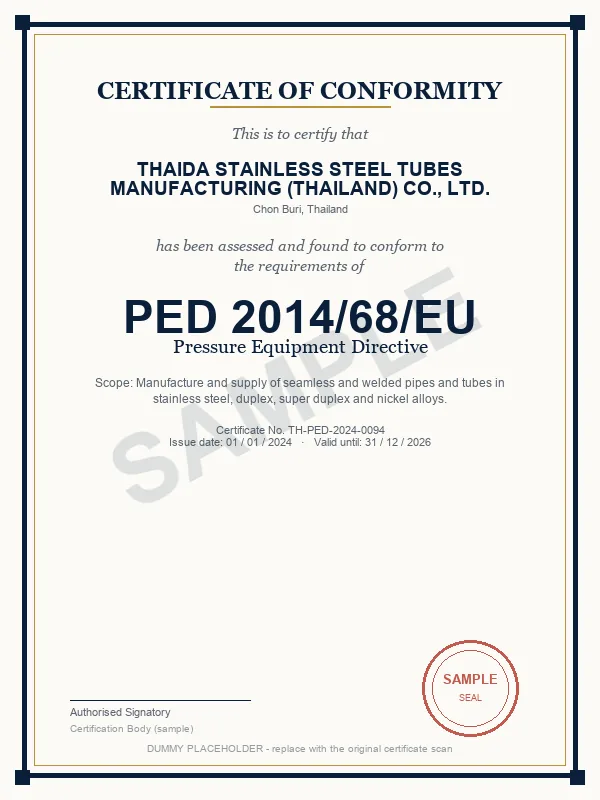PED 2014/68/EU Pressure Equipment Directive certificate