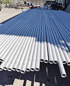 Large-diameter stainless steel seamless pipes laid out in the stock yard