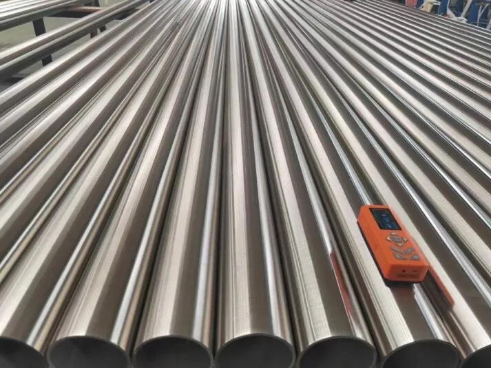 Seamless stainless steel tubes being measured